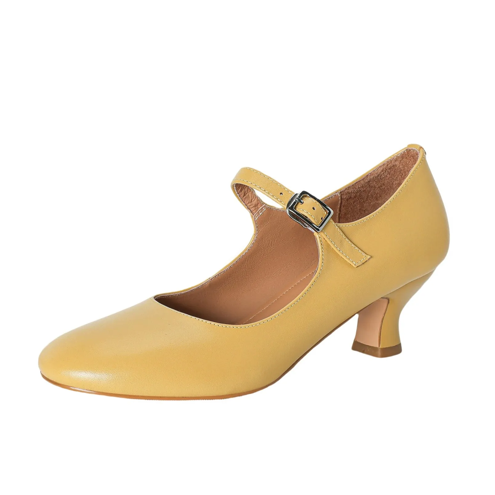 Womens Leather Round Toe Kitten Heel Mary Jane Pumps